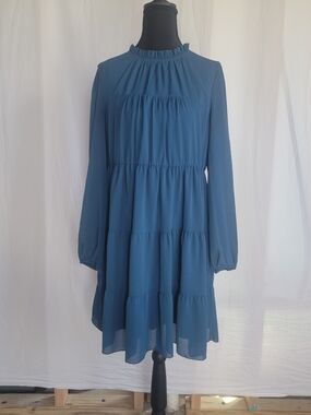Blue Tiered Long-Sleeve Ruffle Neck Dress